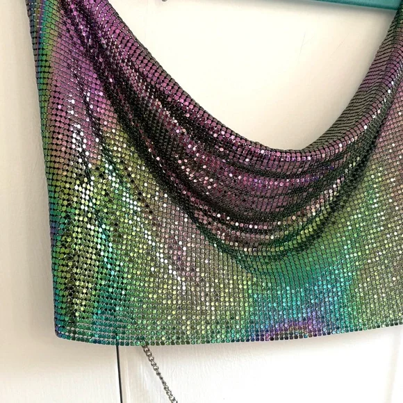 Rainbow Multicolor Chainmail Cowl Neck Crop Top Size Small - Picture 4 of 13